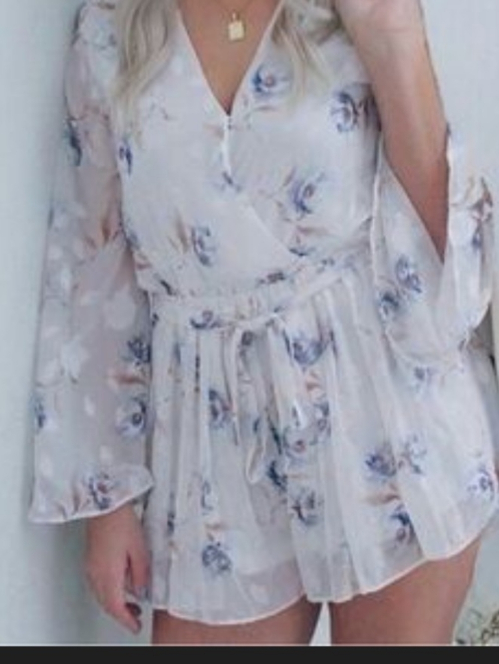 Altar'd State White Floral Romper with Blue Floral Print